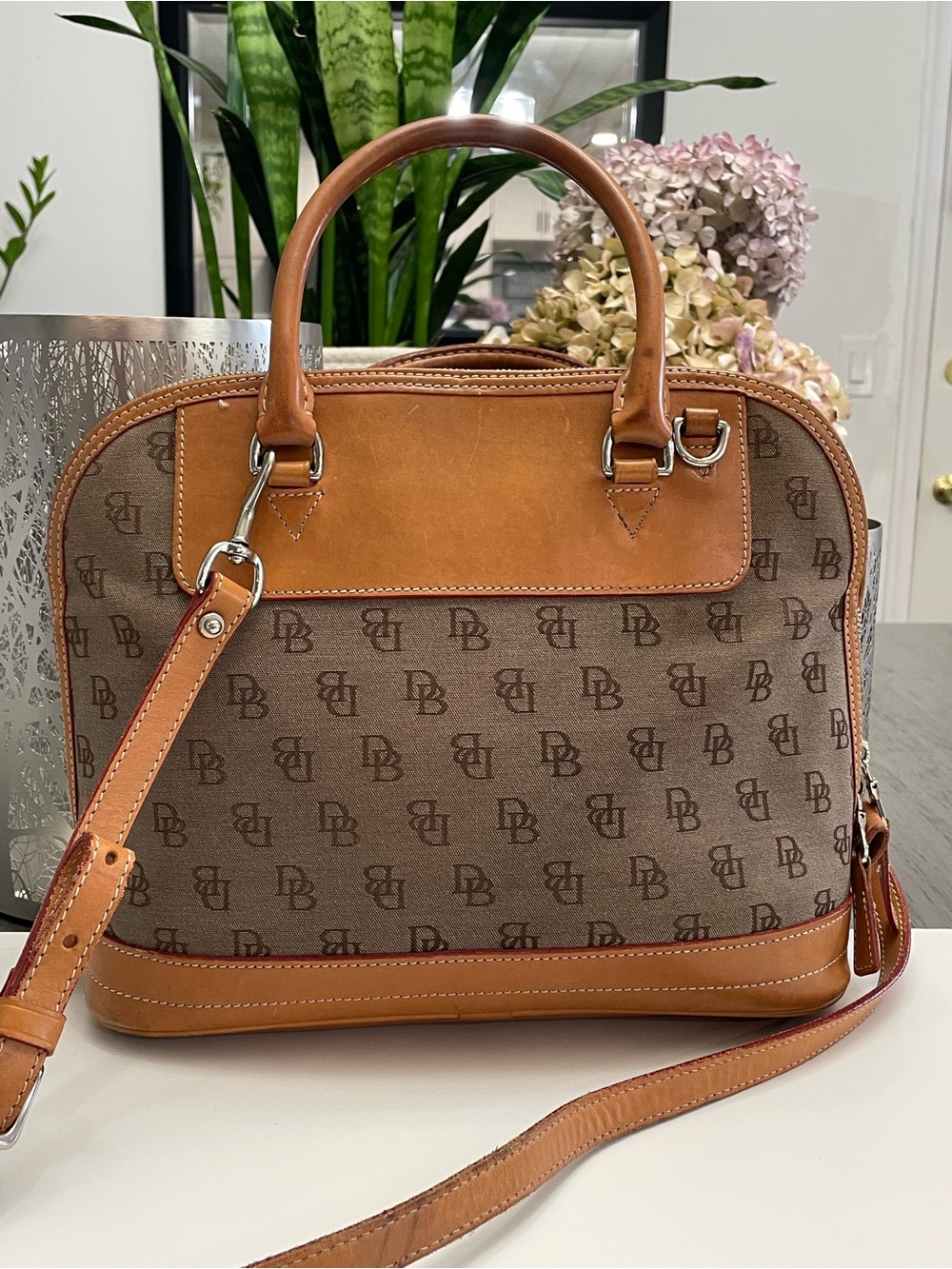 Dooney & Bourke DB Monogram Satchel Crossbody Brown Tan